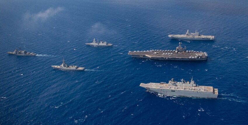 Parts of the three aircraft carrier battle groups involved in NESH22 in formation, photo: 2022 US Navy.