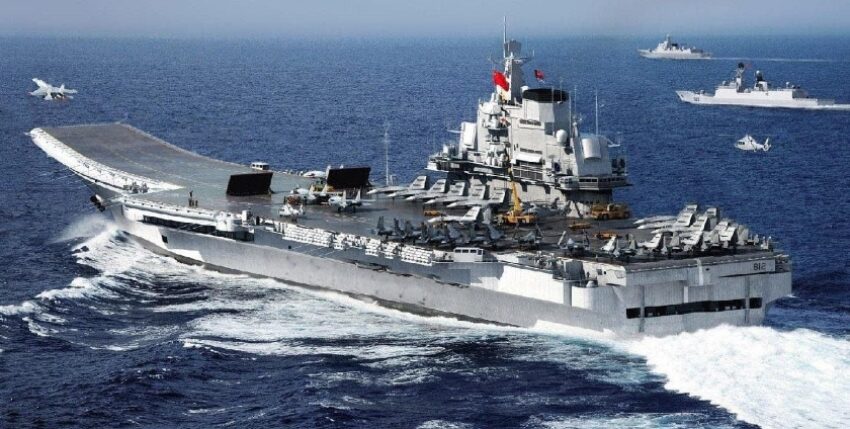 Kampfflugzeug vom Typ Shenyang J-15 beim Start über die Rampe der Liaoning, Foto: PLAN