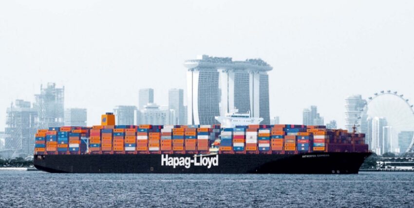: "Antwerp Express" in front of the Singapore skyline. Picture: Hapag-Lloyd