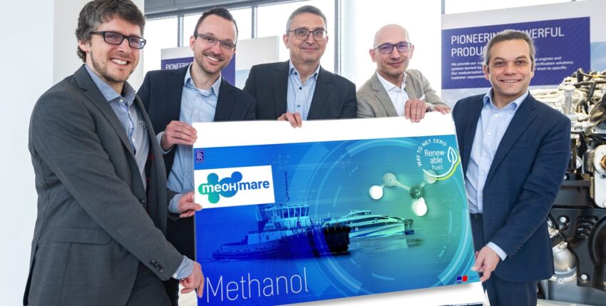 MeOHmare_Kick-off Vlnr: Philipp Bobsin (Forschungszentrum Jülich), Mathias Müller (Rolls-Royce), Michael Willmann (Woodward L'Orange), Christian Reiser (WTZ) und Daniel Chatterjee (Rolls-Royce). Foto: Rolls-Royce