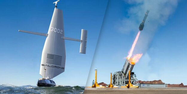 Foto: Saildrone USV auf Patrouillenfahrt/Erprobung des JAGM Quad Waffenmoduls. Saildrone/Lockheed Martin