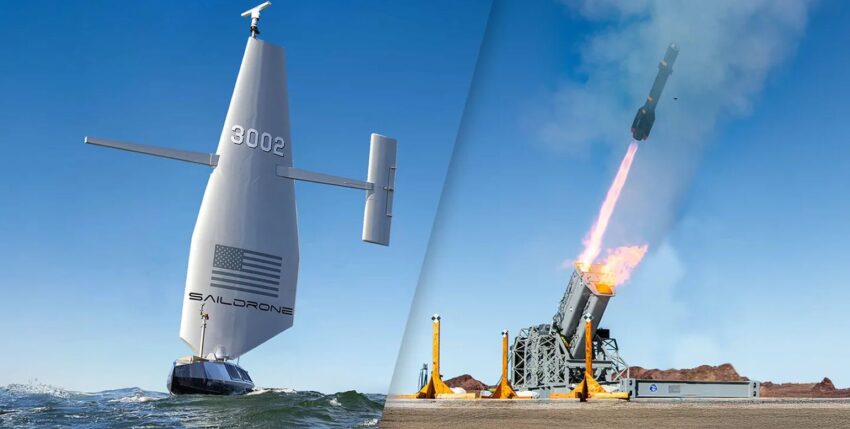 Foto: Saildrone USV auf Patrouillenfahrt/Erprobung des JAGM Quad Waffenmoduls. Saildrone/Lockheed Martin