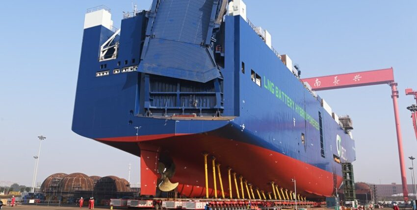 Shipping company UECC celebrates the launch of the third LNG battery hybrid newbuilding. Photo: Jiangnan Shipyard