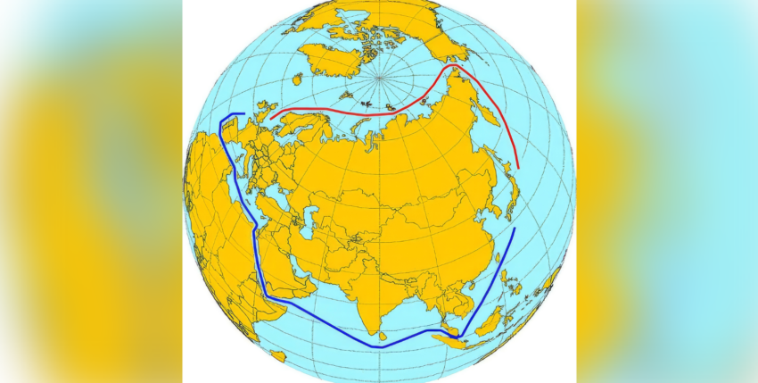 Foto: Vergleich der Seewege, rot Nordostpassage, blau Umweg über Suez- und Panamakanal. Grafik: Wikimedia – gemeinfrei