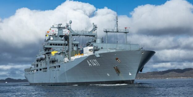 The task force provider A 1411 Berlin reaches the Greenland coast as part of Atlantic Bear in the North Atlantic on 16 August 2025.