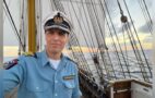 Photo: Commander Gorch Fock, Captain Elmar Bornkessel, greeting from the Atlantic. Bornkessel