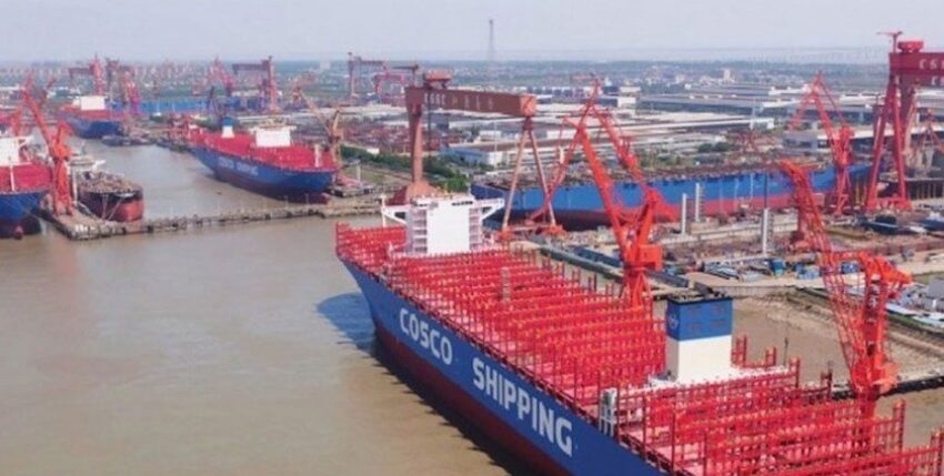 Several unfinished Cosco newbuildings in the shipyard, photo: CSSC