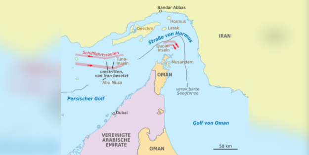 Map: Strait of Hormuz. Author: NordNordWest (using data from the United States National Imagery and Mapping Agency and CIA) / Wikimedia Commons, CC BY-SA 3.0