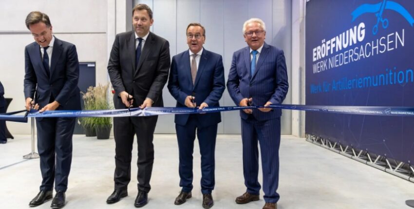 NATO Secretary General Marc Rutte, Finance Minister and constituency MP Lars Klingbeil, Defence Minister Boris Pistorius and Rheinmetall CEO Armin Papperger
