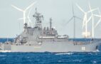 Russian landing ship Alexandr Shabalin in front of a wind farm in the Baltic Sea, photo: Michael Nitz