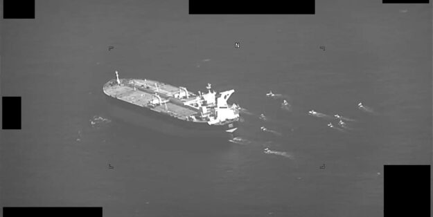 Iranian Revolutionary Guard swarm attack on tanker. Photo: US Navy
