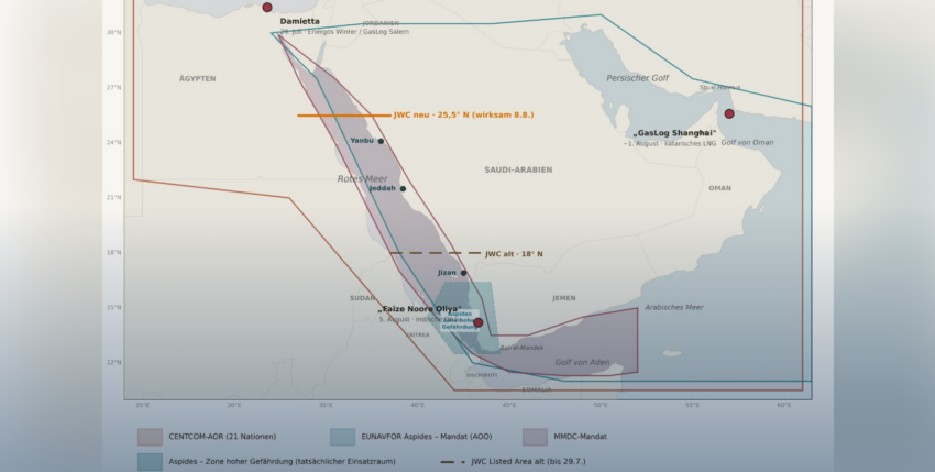 Zonenzuschnitte nach US CENTCOM, GASP 2024/583, MMDC-Gründungserklärung, JWC JWLA-034, UKWR C3-2026. Grafik: hum