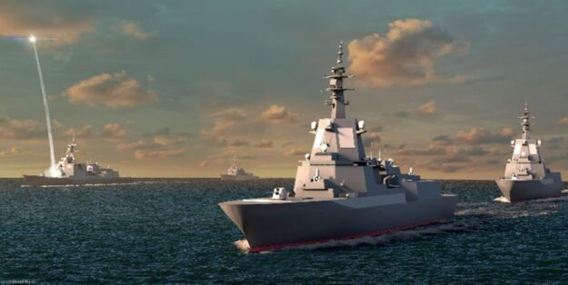 Photo: The AN/SPY-7 radar system, shown here on a Japanese ASEV-class warship (concept image). Lockheed Martin