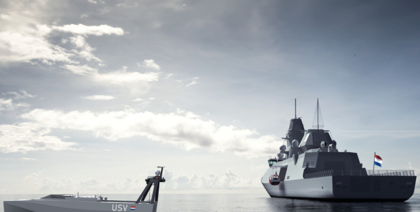 Grafische Darstellung eines Drohnenboots mit einer Fregatte zur U-Boot-Bekämpfung. Foto: Thales