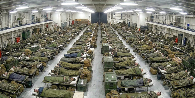 Emergency quarters in the hangar on board the aircraft carrier USS Gerald R. Ford. Photo: US Navy