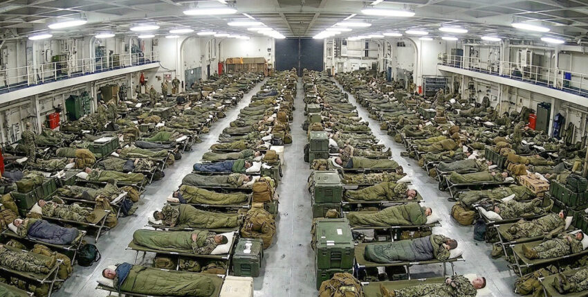 Emergency quarters in the hangar on board the aircraft carrier USS Gerald R. Ford. Photo: US Navy